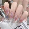 French gradient press-on nails with 3D butterflies, pearls, and crystals on a perfume bottle - Pink White Ombre Iridescent Butterfly (N5233)