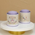 Set of two purple tinplate tea canisters with rabbit illustration and airtight double lids - Purple Yellow Happy Bunny