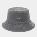 Close-up of embroidered shark patch and metal eyelets on washed cotton bucket hat - One Size / Gray