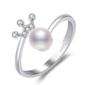 S925 sterling silver open ring featuring a crown design with small diamonds and a pearl - Pearl Crown / Platinum Color-J371