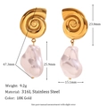 Detailed view of 18K gold plated conch and pearl earrings with precise dimension labels - Gold Snail Shell Baroque Pearl Drop Earrings