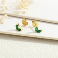 Macro detail of 18K gold petal earrings featuring inlaid green marquise-cut zircons - Emerald Clover (ER1197-E)