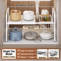 Adjustable white kitchen under-sink storage rack with 2 shelves and a wire basket - Single Tier 2 Boards 1 Basket / Classic White