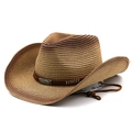 Brauner Cowboy-Strohhut mit Farbverlauf, Lederband und dekorativer Metallschnalle - Khaki-Kaffee-Farbverlauf
