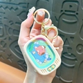 Mini retro TV keychain with cute bear illustration and golden metal clasp - Sliding Game Console - Green