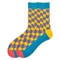 Colorful geometric pattern cotton crew socks with vibrant blue, red and yellow contrast - 38-46 / Blue Red Yellow Geometric (716C)
