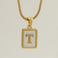 Gold stainless steel square pendant necklace featuring letter T on white shell inlay - Letter T