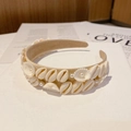 Bohemian wide headband with white natural shells and pearls on champagne satin base - Style S (Beige Satin Pearl Shell)