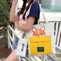 White canvas tote bag with a yellow pocket and cute cartoon corgi illustration - Akita Dog (3-Way Bag With Pencil Case) / White