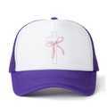 Purple and white foam mesh trucker hat featuring a cross and pink ribbon graphic print - One Size / Purple
