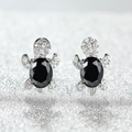 Silver sea turtle stud earrings with large oval black zircon and pavé white stones - Platinum Plated Black Zirconia