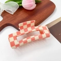 Checkerboard hair claw clip in orange and beige tones for elegant hair styling - 10.5cm / Pink & Beige Checkerboard