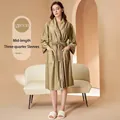 Grass green mid-length summer bathrobe with three-quarter sleeves and white piping trim - M / Female Style / Mustard Green