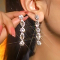 Sparkling crystal double heart tassel earrings with silver finish in elegant long style - Silver Marquise Five-Segment Link Long Tassel Earrings DTE1316557S