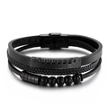 Pulsera multicapa de cuero trenzado negro para hombre con cuentas de acero inoxidable - 21.5cm / Estilo A Negro (KB147790-KLHQ)
