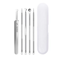 5-piece stainless steel blackhead remover tool set with a white storage case - 4 Needles + No.5 Hook Tweezer + Box