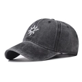 Dark grey washed cotton baseball cap with white sun embroidery and curved brim - Black with Sun Embroidery