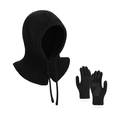 Winter black knit balaclava hood with matching anti-slip gloves for cold weather - Black