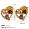 Gold plated stainless steel heart earrings with pink and purple zircon stones - Heart Zirconia Earrings (EH833) / Gold
