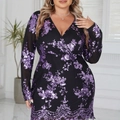 Plus size black V-neck dress featuring purple sequin floral embroidery and mesh sleeves - 3XL / Lilac