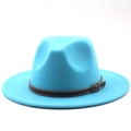 Classic blue wool felt fedora hat with wide brim and decorative black leather band buckle - M (56-58cm) / Lake Blue