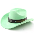 Light green cowboy hat featuring a black leather band with vintage metal bull head and studs - Fruit Green