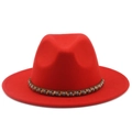 Detail shot of a red wool fedora featuring an ethnic beaded hatband on white background - M (56-58cm) / Orange Red