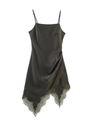 Detail of satin slip dress featuring delicate eyelash lace trim and thin straps - S / Army Green