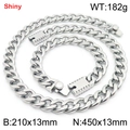 Silver stainless steel hip hop chain set with 13mm necklace and bracelet in shiny finish - Style A (Box Clasp) / 13mm Width / Bracelet 21cm + Necklace 45cm / Steel