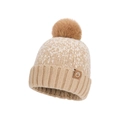 Berretto invernale da donna in maglia beige con pompon in ecopelliccia e etichetta logo - Cachi