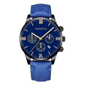 Macro detail of men's watch blue dial with gold Roman numerals and leather strap - Blue Strap Black Case Blue Dial Gold Hands