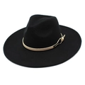 Detail of black wool fedora with a beige leather strap and gold metal buckle accessory - M (56-58cm) / Black