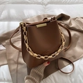 Dark brown bucket bag in smooth faux leather with chunky gold chain and slim shoulder strap - Brown