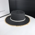 Black straw boater hat featuring pearl band and raw fringe edges for sun protection - Adjustable / Black