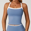 Brassière de sport bleue avec bordure blanche contrastée et encolure carrée - S / Bleu Brume