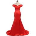 Elegant red off-the-shoulder fishtail satin evening gown with a sweetheart neckline - US size 2 (S) / Red