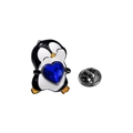 Cute penguin brooch pin with enamel finish and blue heart-shaped rhinestone detail - Penguin Holding Blue Heart (CZ0879-7)