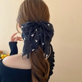 Elegante molletta per capelli a fiocco nero con cuori e pois bianchi per acconciature - Molletta per capelli a fiocco nero con stampa a cuori e pois