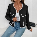 Schwarze Strickjacke im französischen Stil mit Waffelstruktur und weißer Borte - S / Schwarz