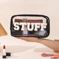 Transparent PVC makeup bag with black trim and gold STUFF letter patches - Black White Letter (STUFF)
