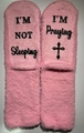 Pink coral fleece plush socks with black I'M NOT Sleeping I'M Praying text on soles - OPP Bag Packaging / Pink-I'm Praying