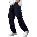 Men's loose straight multi-pocket cargo pants in deep blue with drawstring waist - Navy Blue