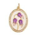 Oval copper pendant featuring purple lily of the valley enamel and zircon border - Gold Oval Zirconia Inlaid Purple Lily of the Valley