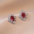 Exquisite flower stud earrings with red oval zircon and silver-plated floral petal frame - Ruby Color Oval Floral Style (E0492)