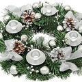 Christmas wreath with silver bows, pine cones, and four metal candle holders for table decor - 30cm Silver Wreath