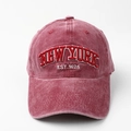 Close-up of 3D New York embroidery on washed denim burgundy red baseball cap - Burgundy