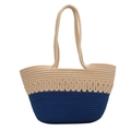 Summer woven tote bag in cream and navy blue cotton rope with wavy lace trim - Large / Klein Blue