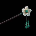 Traditional Chinese sandalwood hair stick with elegant green flower and dangling tassels - Light Green Floral Tassel Step-Shake Style (3517)