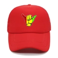 Detail of red trucker hat featuring breathable mesh and colorful shaka hand sign - M (56-58cm) / Red