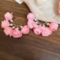 Detail view of pink fabric rosebud earrings with gold hoops and white pearls on silk - Silver Post Style (28#) / Pink